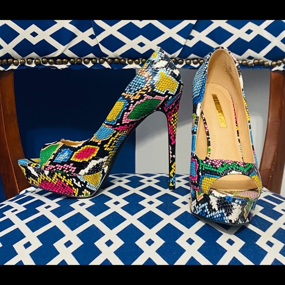 Multi Color Snake Print Pointy Peep Toe Platform … - image 2